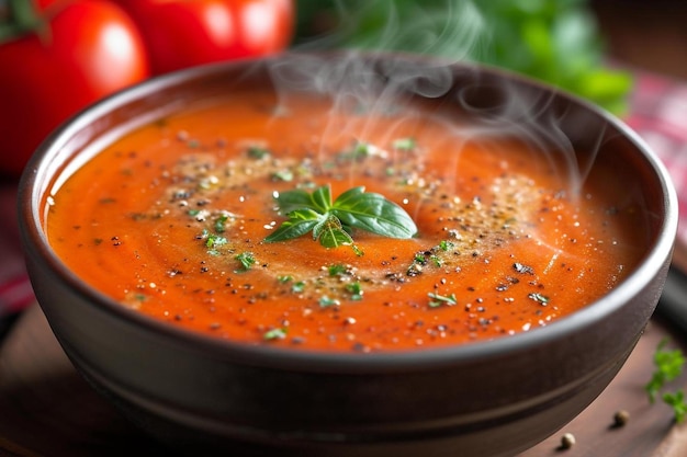 a bowl of tomato soup with a sprig of basil