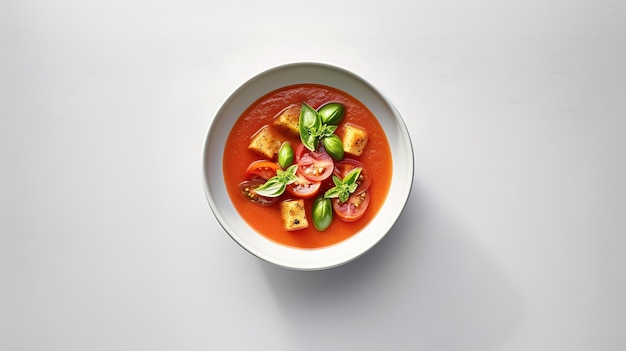 A bowl of tomato soup with tomato sauce and basil on a white background