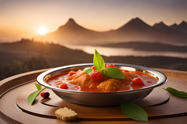 A bowl of tomato soup with a view of mountains in the background.