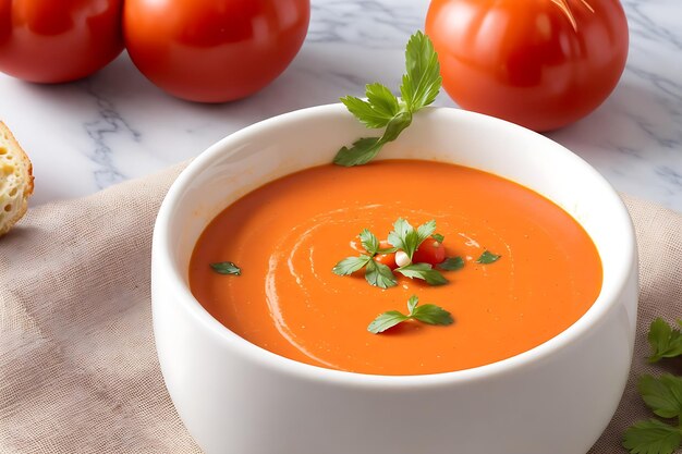 A bowl of tomato soup with a white bowl of parsley