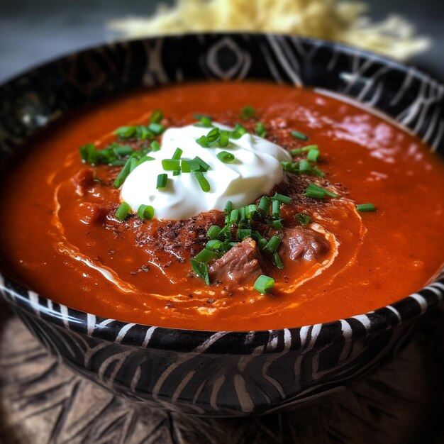 A bowl of tomato soup with a white cream cheese on top