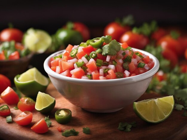 a bowl of tomatoes, cucumbers, and limes.