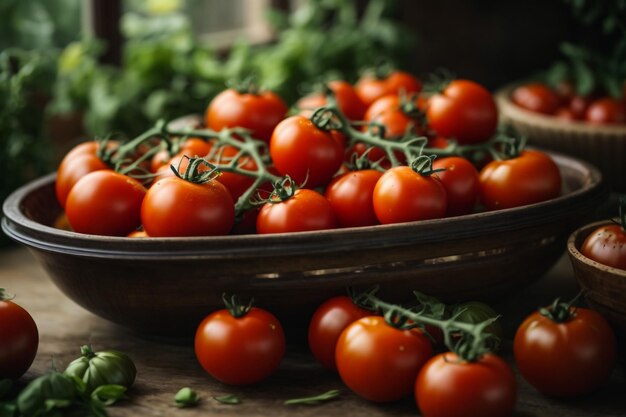 Photo a bowl of tomatoes with a basket of tomatoes on the table