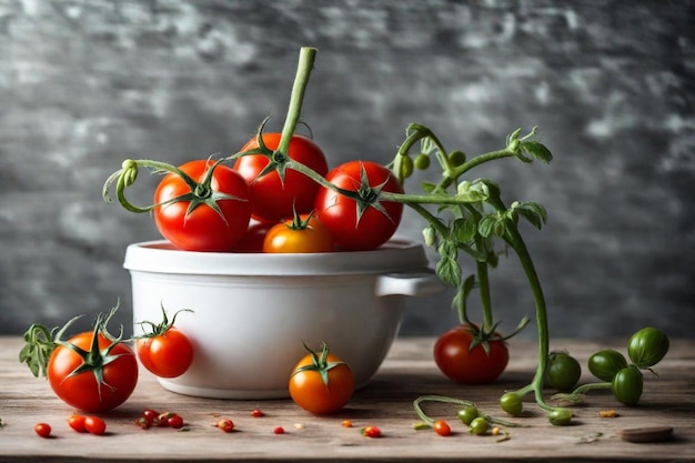 a bowl of tomatoes with a bowl of tomatoes on a wooden table