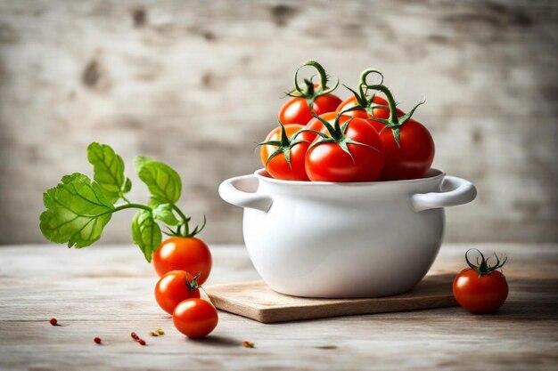 a bowl of tomatoes with a leaf of basil in the background