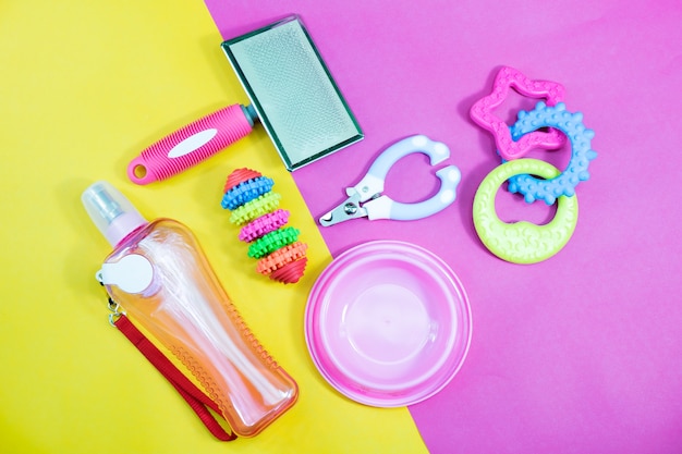 Photo bowl, toys, collars, comb, bottle of water and nail scissors