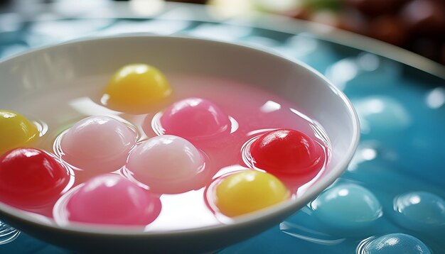 A bowl of traditional chinese tangyuan filled with sweet sesame paste and floating in a pool