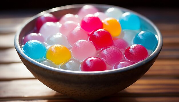 A bowl of traditional chinese tangyuan filled with sweet sesame paste and floating in a pool