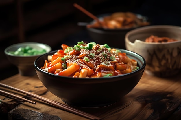 A bowl of Tteokbokki Korean food on a table with chopsticks AI generative