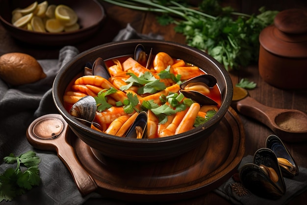 Миска корейской уличной еды Tteokbokki на столе Генерация AI