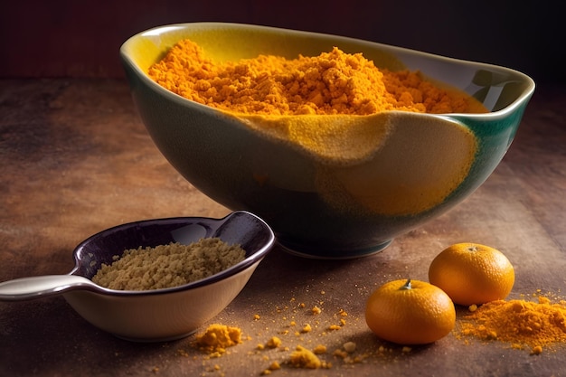 Foto una ciotola di tumeric e spezie su un tavolo