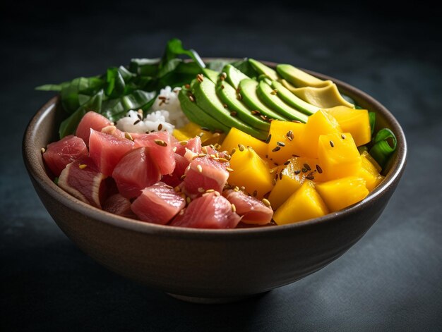 Photo a bowl of tuna, avocado, and spinach with spinach.