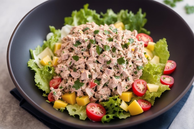 A bowl of tuna salad with tomatoes and lettuce