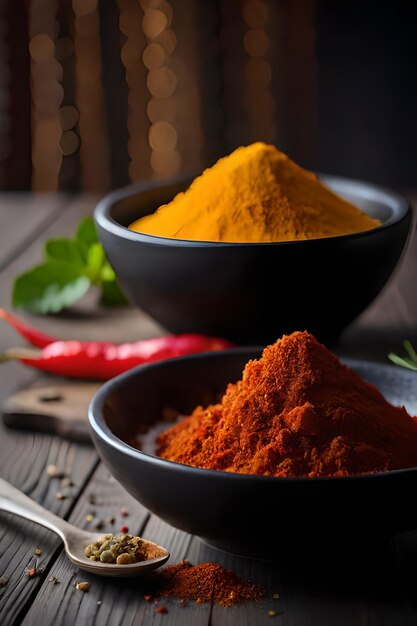 A bowl of turmeric and a bowl of red pepper.