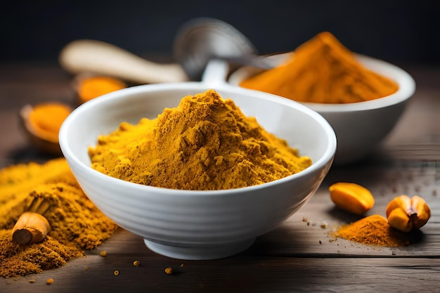 A bowl of turmeric powder sits next to a bowl of turmeric.