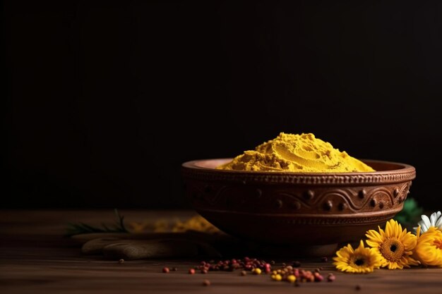 A bowl of turmeric powder sits on a wooden table.