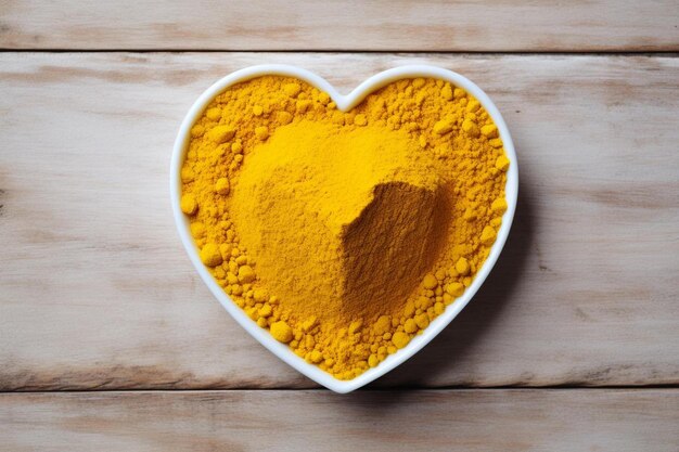 A bowl of turmeric with a heart shaped shape on a wooden background