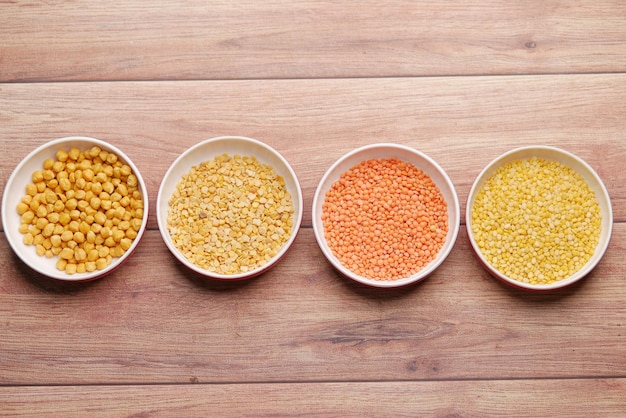 Bowl of uncooked dhal on table top view