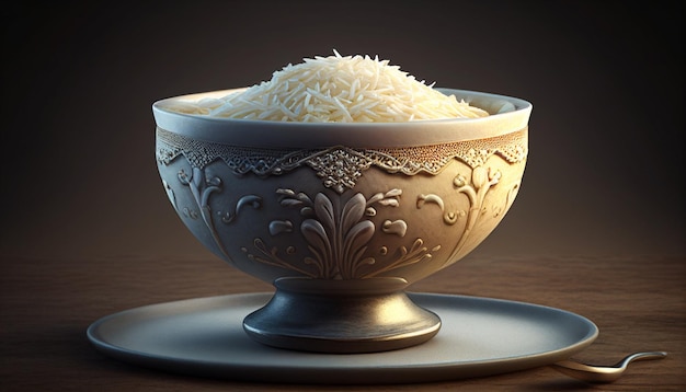 Bowl of uncooked rice on black background Generative AI