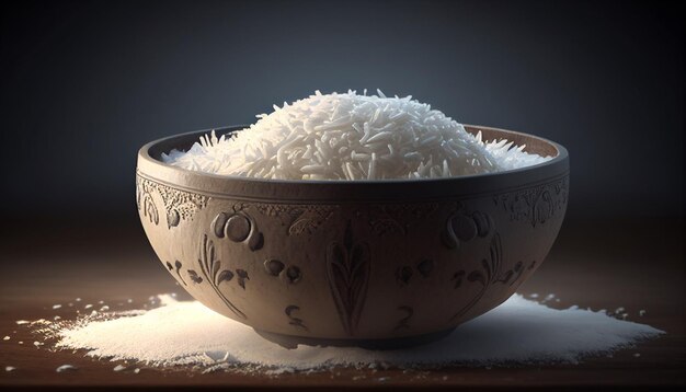 Bowl of uncooked rice on black background Generative AI