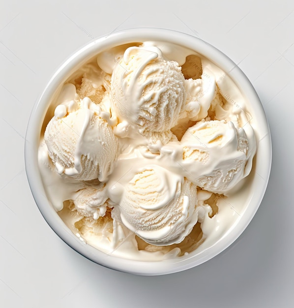 Bowl of vanilla ice cream isolated on white background From top view