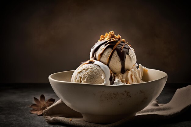 A bowl of vanilla ice cream with chocolate sauce and nuts on top.