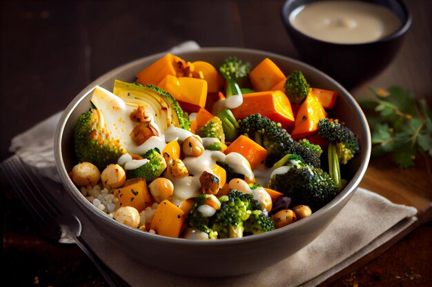 A bowl of vegan meal with a creamy sauce.