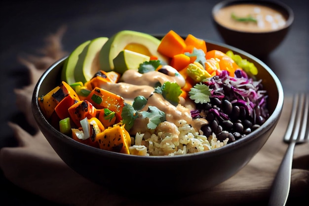 A bowl of vegan rice with a side of vegetables.