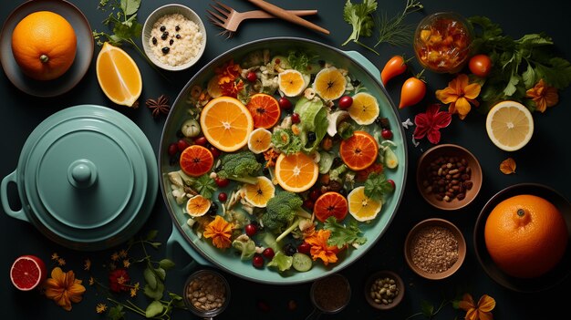 Bowl of vegetable and fruit salad decorated with flowers surrounded by spices flowers fruits