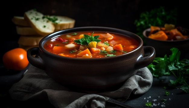 A bowl of vegetable soup with bread on the side