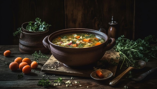 A bowl of vegetable soup with parsley on the side