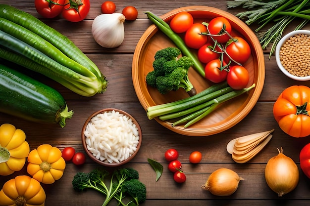 A bowl of vegetables including broccoli, onions, and tomatoes.