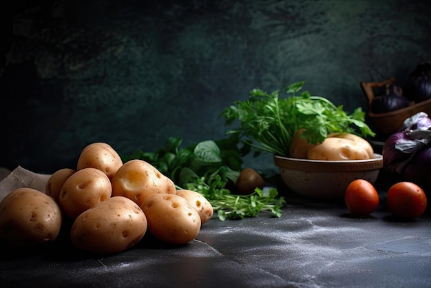 테이블에 야채와 감자 한 그릇
