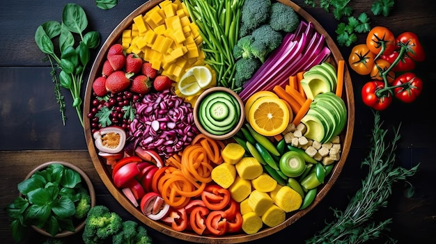 Photo a bowl of vegetables with a basket of vegetables and fruits.