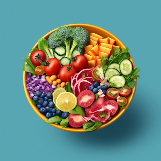 A bowl of vegetables with a blue background