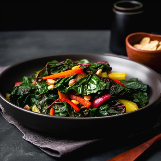 A bowl of vegetables with a bowl of peanut on the side.