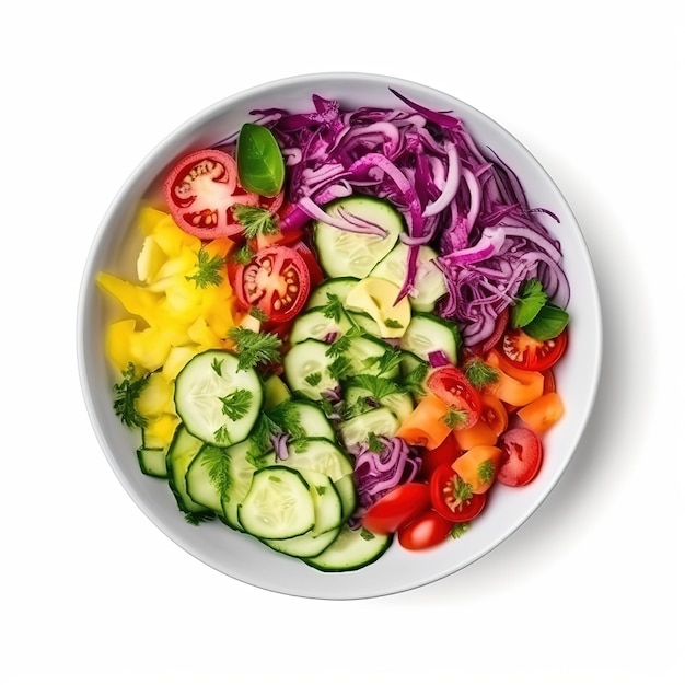 A bowl of vegetables with a red cabbage and cucumber.