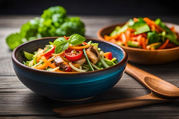 A bowl of vegetables with a spoon and a spoon on a wooden table.