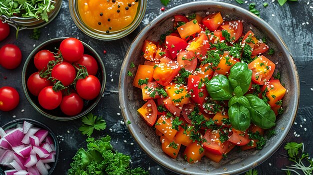 a bowl of vegetables with tomatoes and herbs on a table