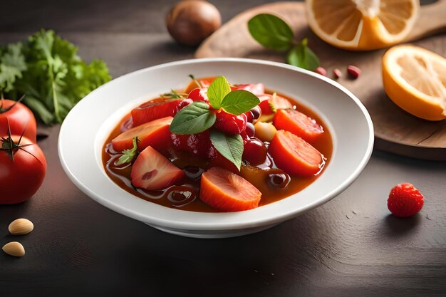 A bowl of vegetables with a wooden cutting board in the background.