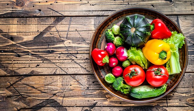 A bowl of vegetables on a wooden table