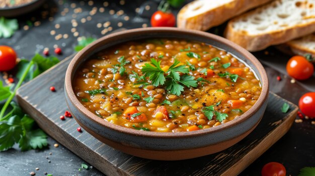 Foto una ciotola di zuppa di lenticchie vegetariana salutare e salutare con un pizzico di spezie di terra