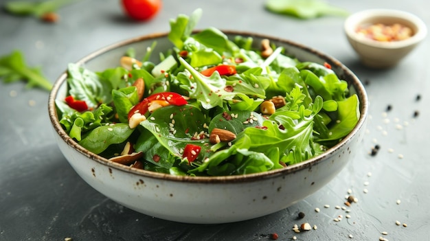 A bowl of vibrant salad greens tossed with tangy vinaigrette and topped with crunchy nuts and seeds