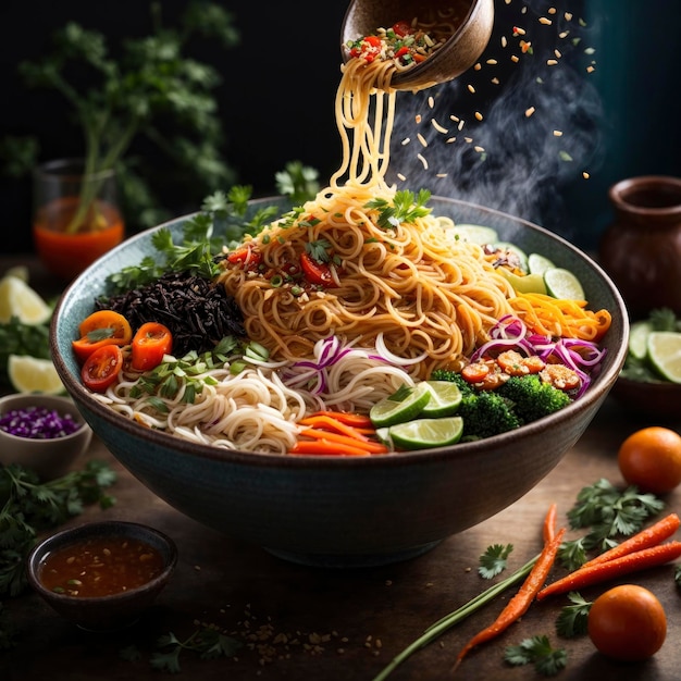 A Bowl of Vibrant Steaming Asian Noodles