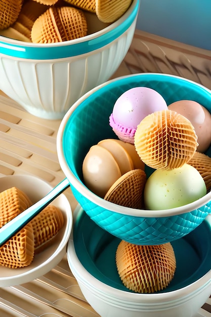 A bowl of waffles and waffles sits on a table.