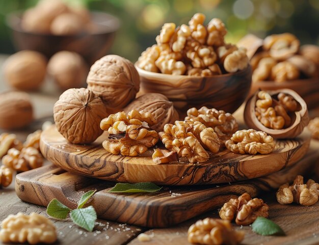 A bowl of walnuts is on a wooden table