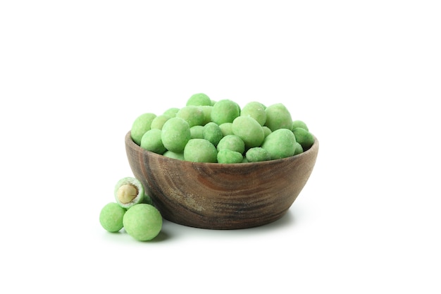 Bowl of wasabi nuts isolated on white
