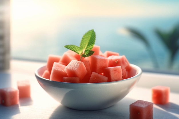 A bowl of watermelon on a table with a green leaf on top.