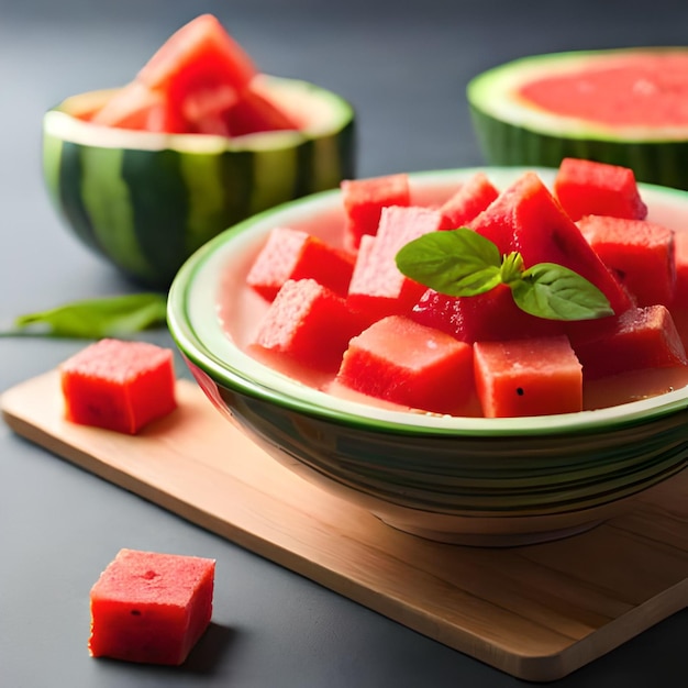 A bowl of watermelon with a green rim and a green rim.