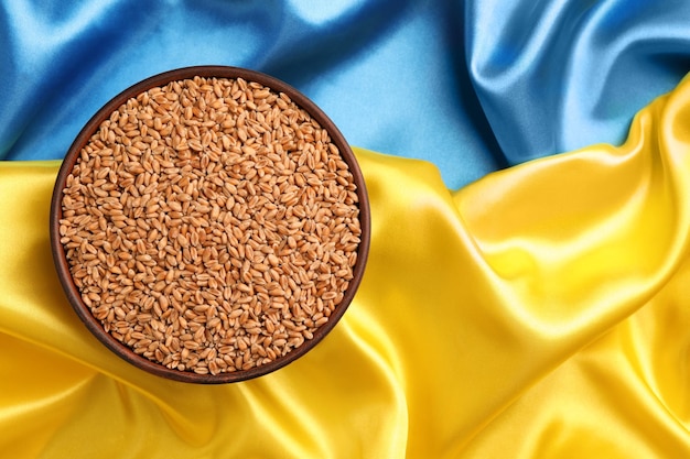Bowl of wheat grains on Ukrainian flag top view Space for text